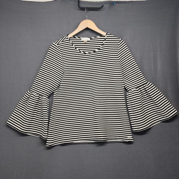 Calvin Klein Top Womens Medium Black White Striped Ruffle Sleeve Office Preppy - Picture 1 of 12